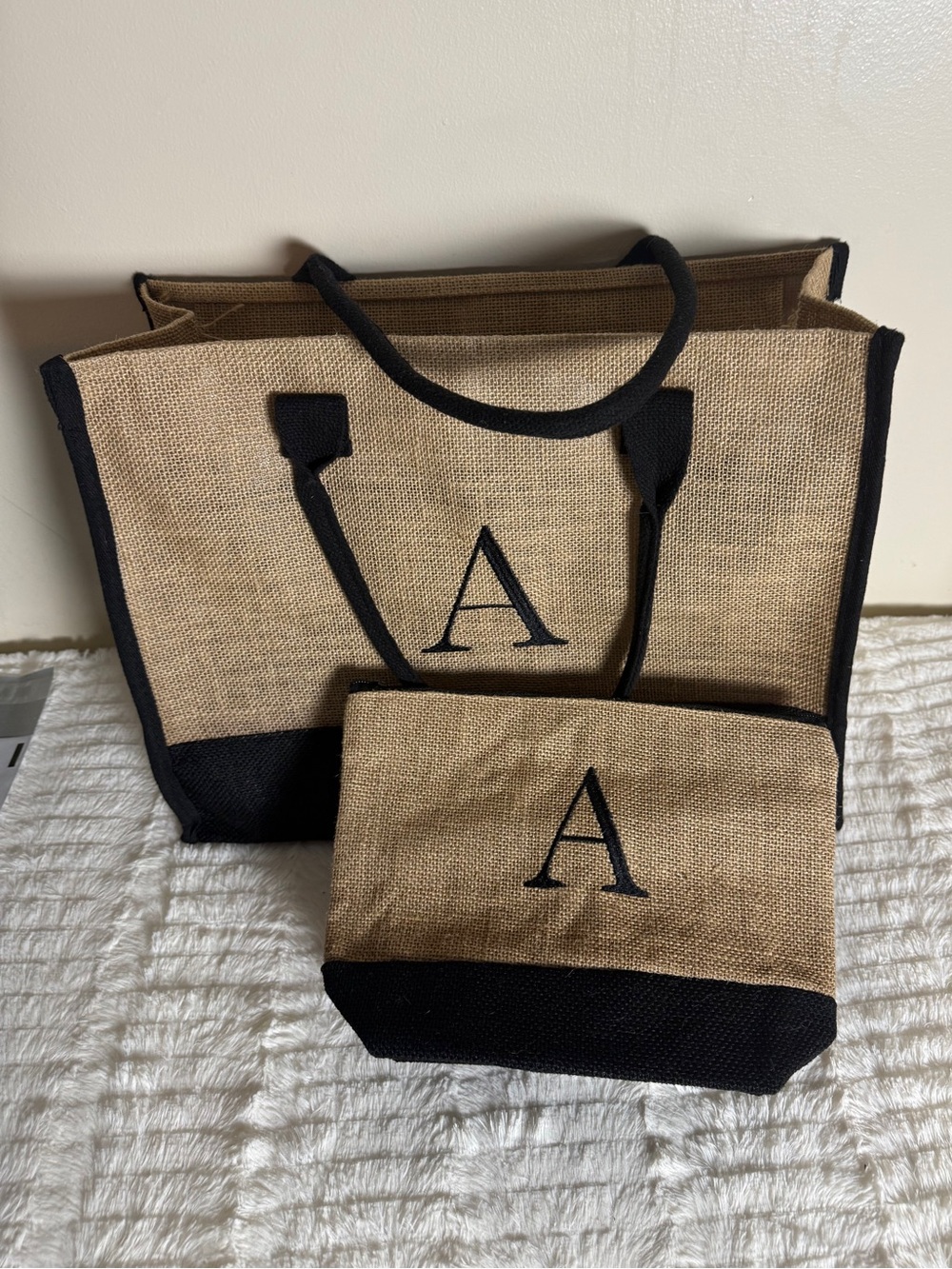 Monogrammed Natural Jute Tote and Pouch Set - Black Trim